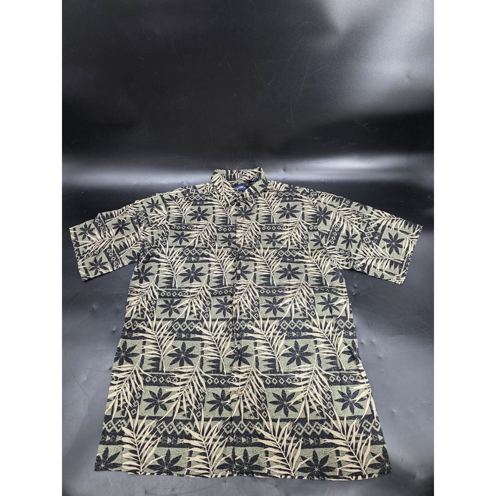 Puritan Shirt Mens M Green Hawaiian Aloha Tropical Leaf Rayon Short Sleeve